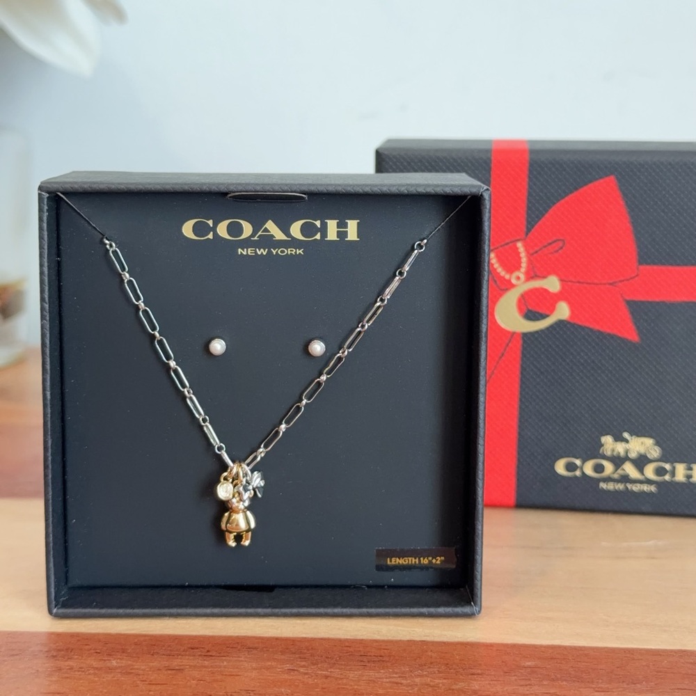 NWT Coach Teddy Bear‎ And Bow Earrings And Necklace Set